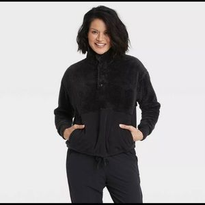 All in Motion Womens Black Snap Front Sherpa Pullover Sweatshirt with Pockets XS